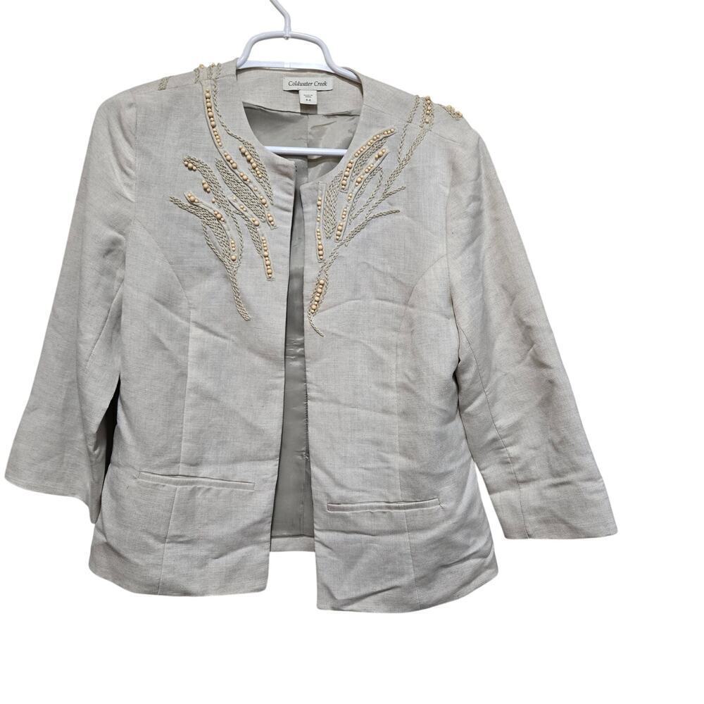 Coldwater Creek Linen Beaded Jacket Cream Open Front 4-6